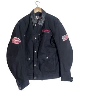Men Indian Motorcycle Cotton Jacket Leather Collar Removable Arm Armour Sz L